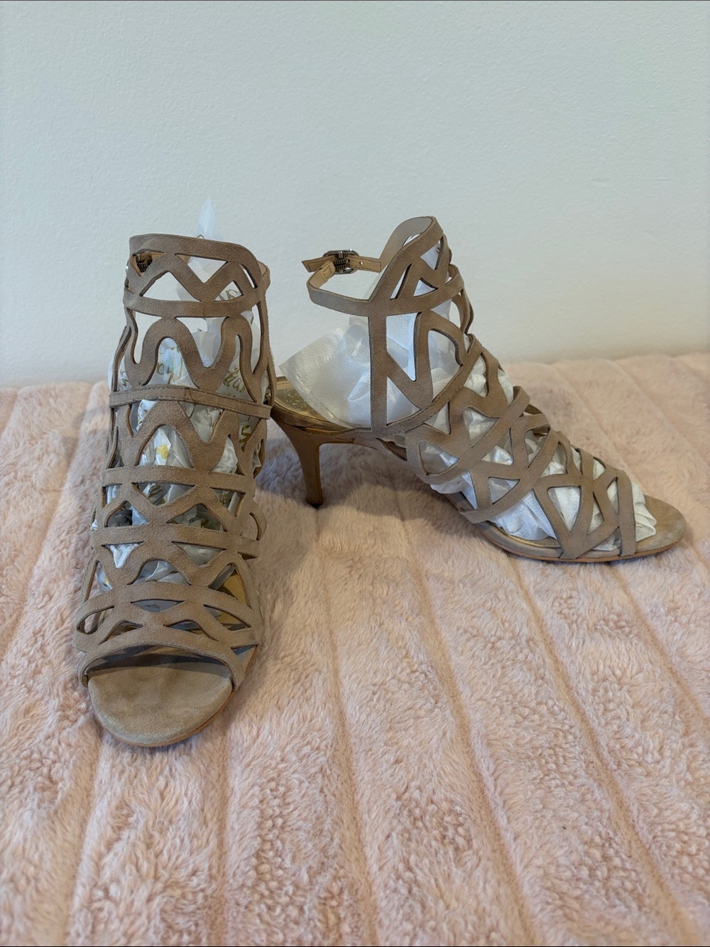 Vince Camuto Taupe Suede Cutout Strappy Heels
